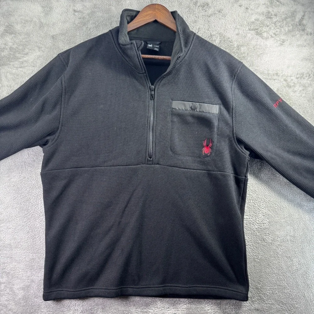 Spyder Core Mens Large 1/4 Zip Pullover Jacket Black Knit Sweater Fleece Lining